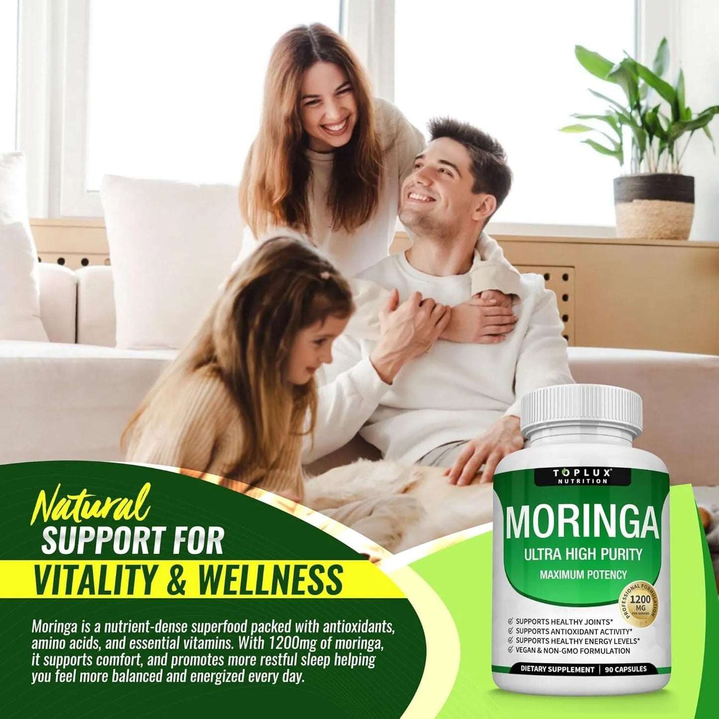 Moringa Capsules 1200mg - Pure Moringa Powder for Immune, Gut health