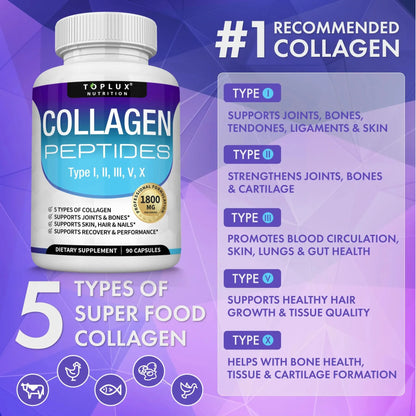 Collagen Peptides 5 Types Complex 1800mg - Supplement for Health Beauty Fitness