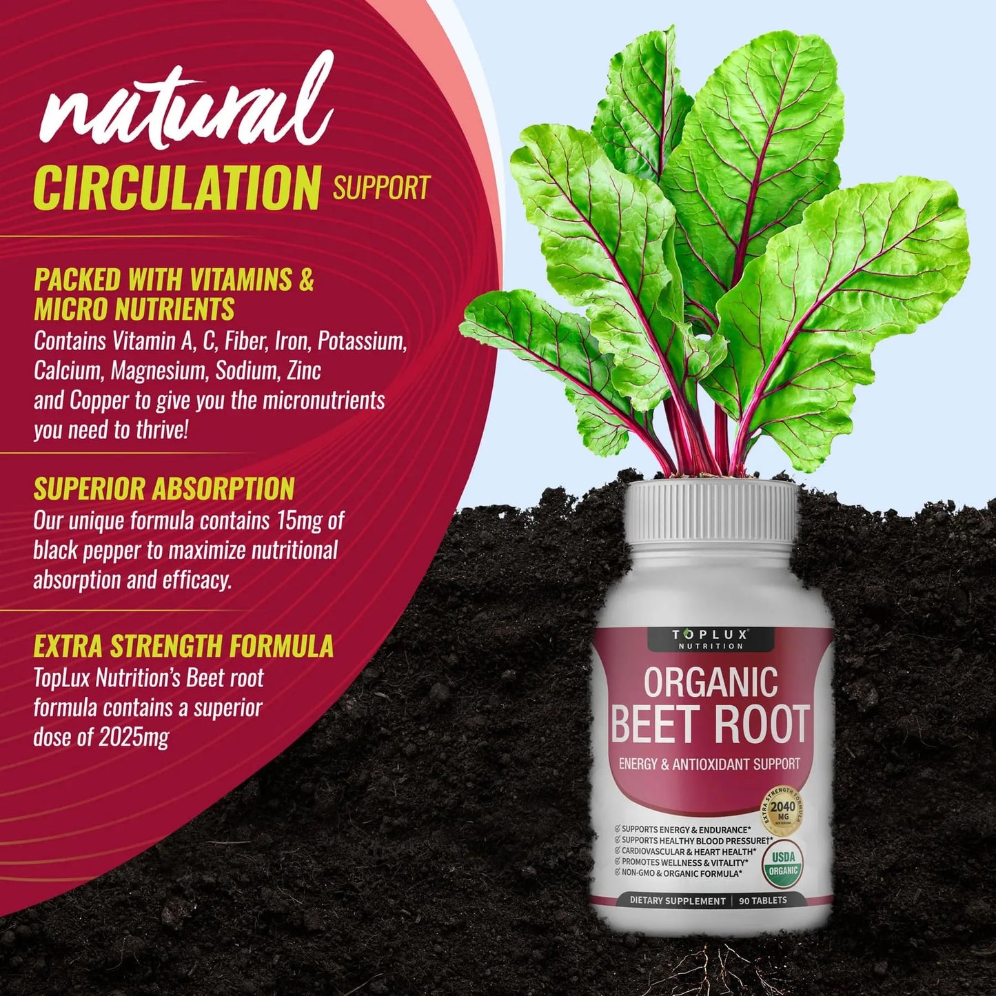 Organic Beet Root Tablets - Nitric Oxide Booster Beetroot Supplement 2040mg
