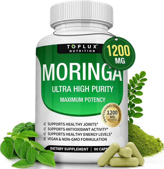 Moringa Capsules 1200mg - Pure Moringa Powder for Immune, Gut health