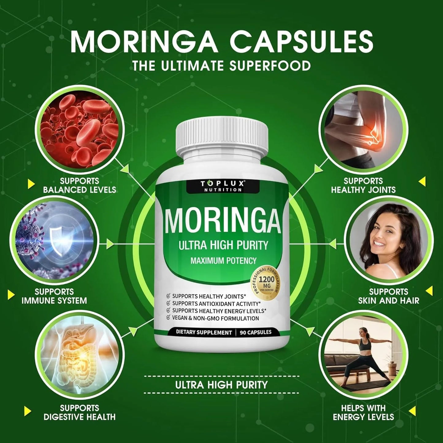 Moringa Capsules 1200mg - Pure Moringa Powder for Immune, Gut health