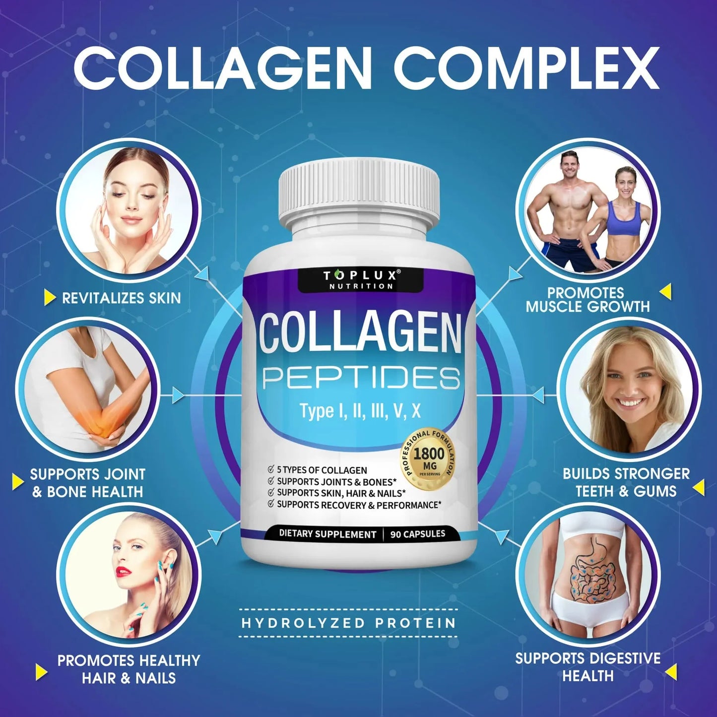 Collagen Peptides 5 Types Complex 1800mg - Supplement for Health Beauty Fitness