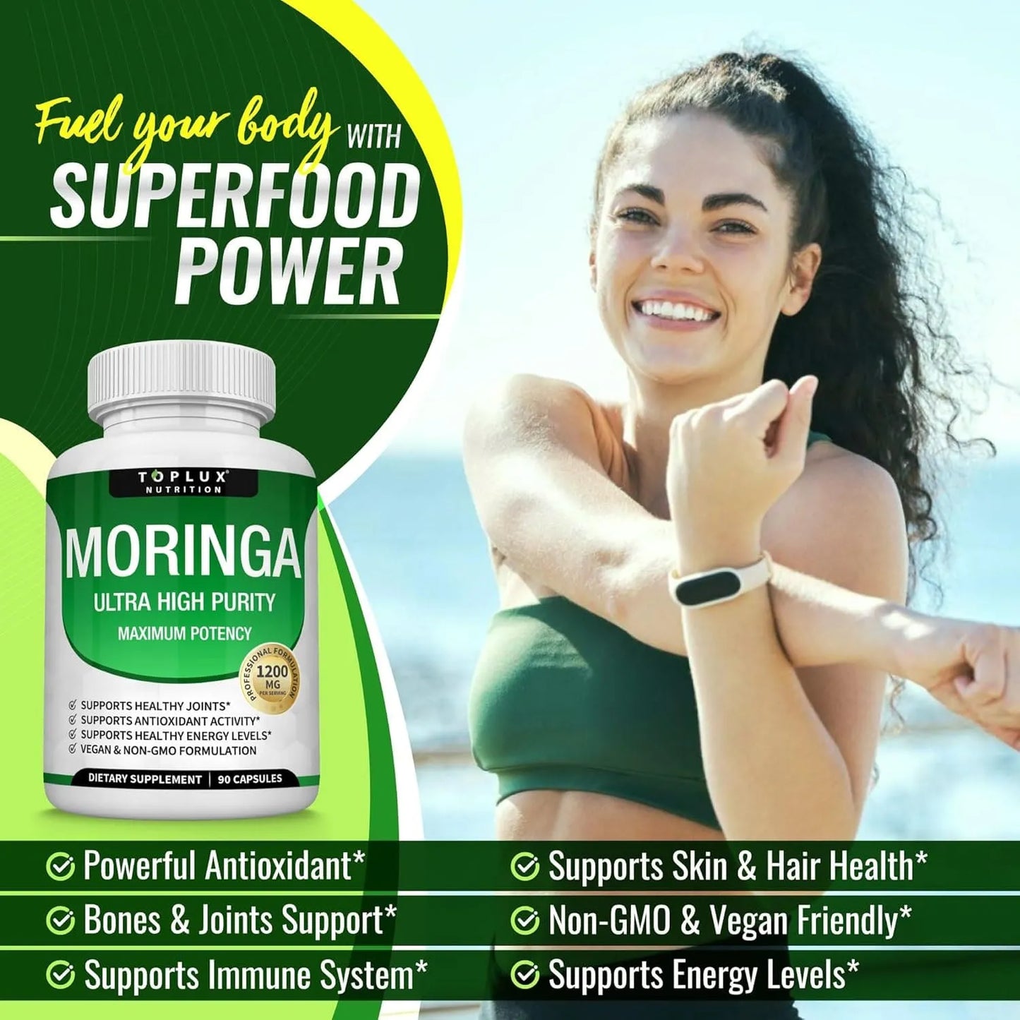 Moringa Capsules 1200mg - Pure Moringa Powder for Immune, Gut health