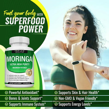Moringa Capsules 1200mg - Pure Moringa Powder for Immune, Gut health