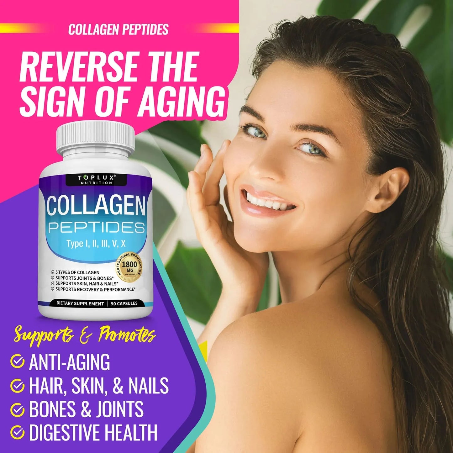 Collagen Peptides 5 Types Complex 1800mg - Supplement for Health Beauty Fitness