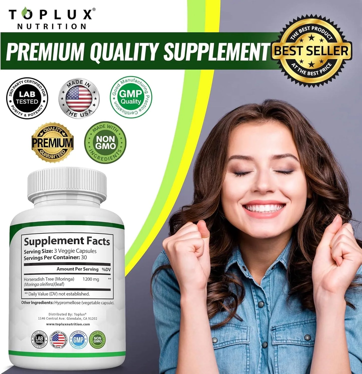 Moringa Capsules 1200mg - Pure Moringa Powder for Immune, Gut health