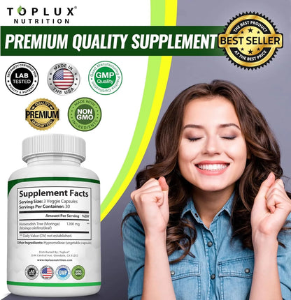 Moringa Capsules 1200mg - Pure Moringa Powder for Immune, Gut health